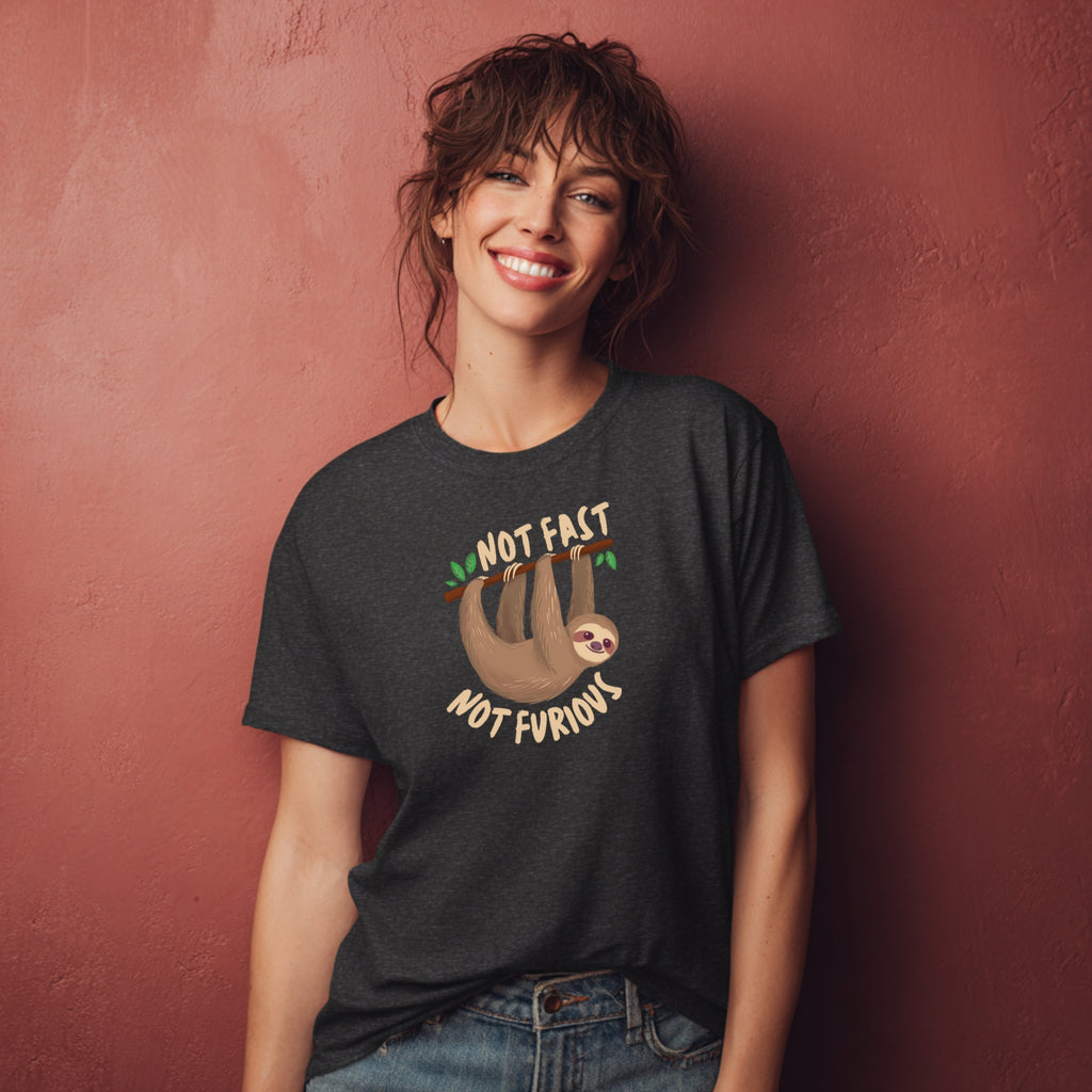 Modell trägt dunkelgraues T-Shirt mit Faultier und „Not Fast Not Furious“-Spruch, lustiges Shirt