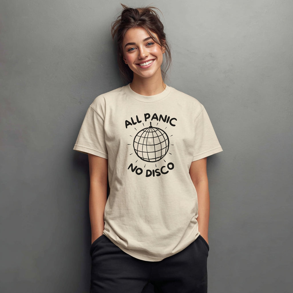 All Panic No Disco – Lustiges T-Shirt mit Discokugel-Design