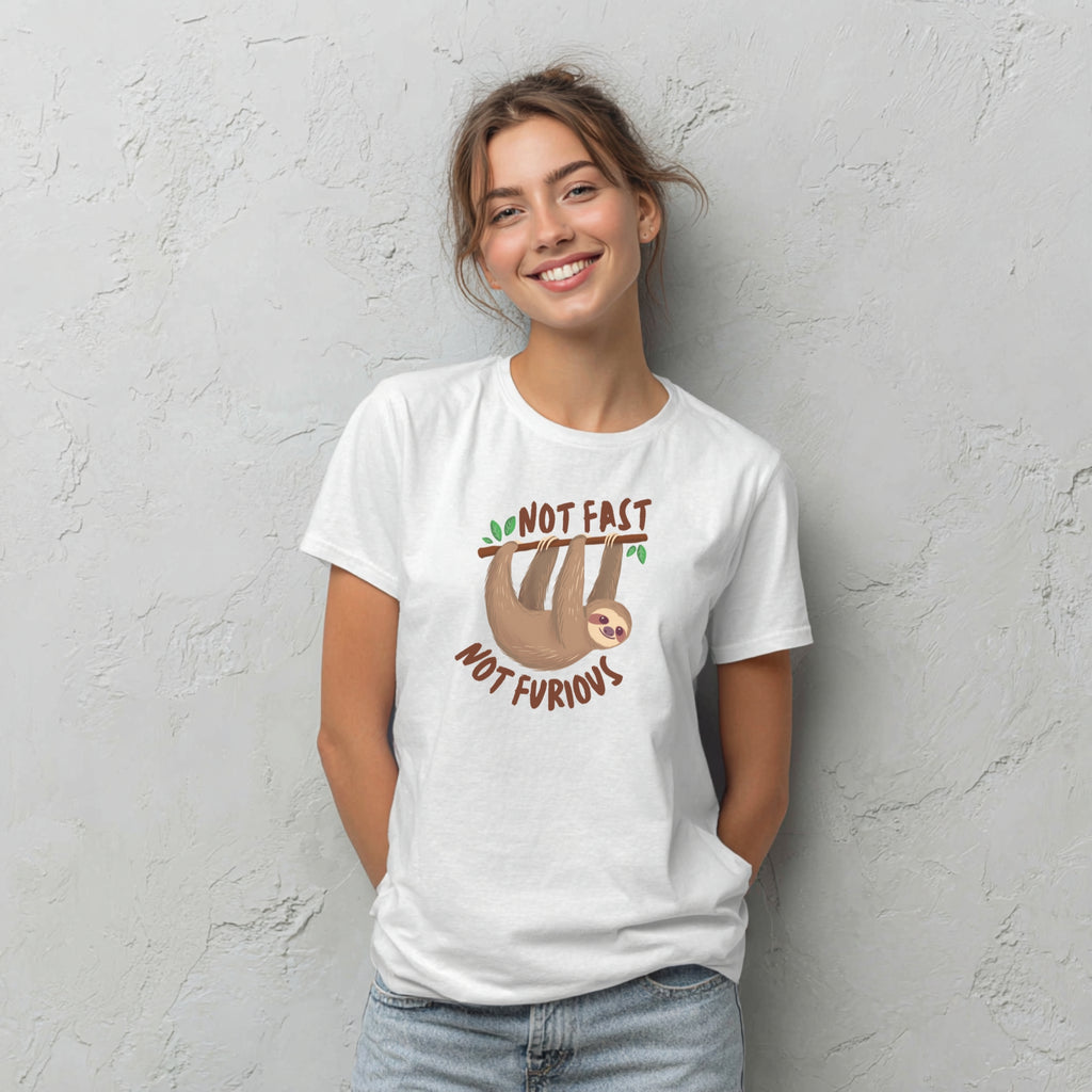 Modell trägt weißes T-Shirt mit Faultier und „Not Fast Not Furious“-Spruch, lustiges Shirt